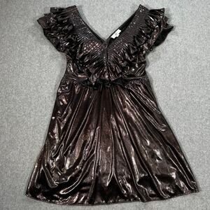 Entro Metallic Ruffle Mini Dress Women's Medium Brown Pleated V-Neck